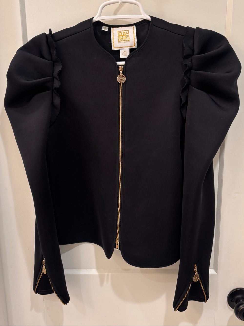 Emily McCarthy Zip-Front Jacket with Gold Hardware & Puff Sleeves. Size XS